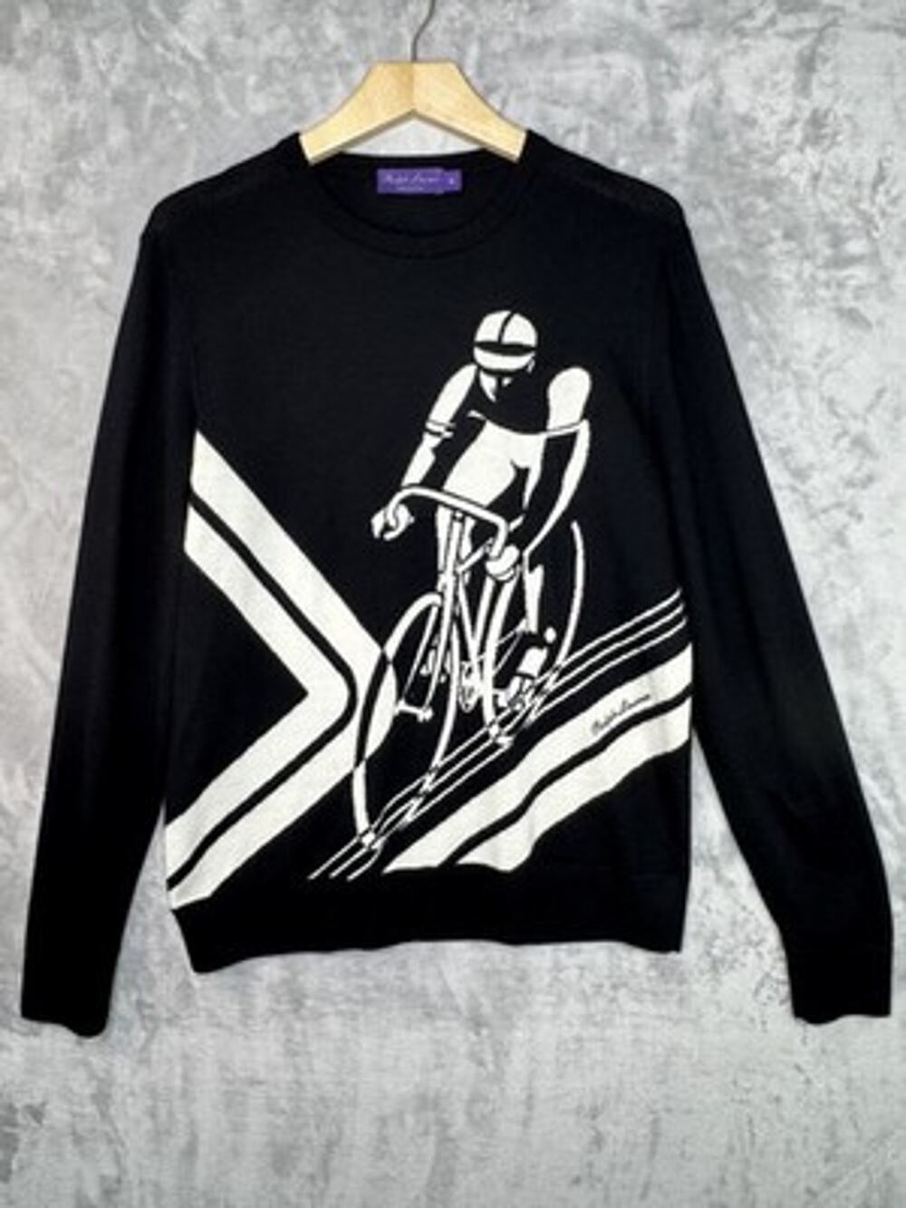 Ralph Lauren Sweater Mens Medium Black Cycling Graphic Crewneck Knit Made Italy